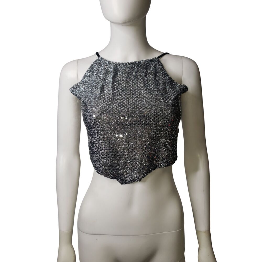 BE YOU USA Black and Silver Faux Sequins Open Back Halter Top Juniors Size Large